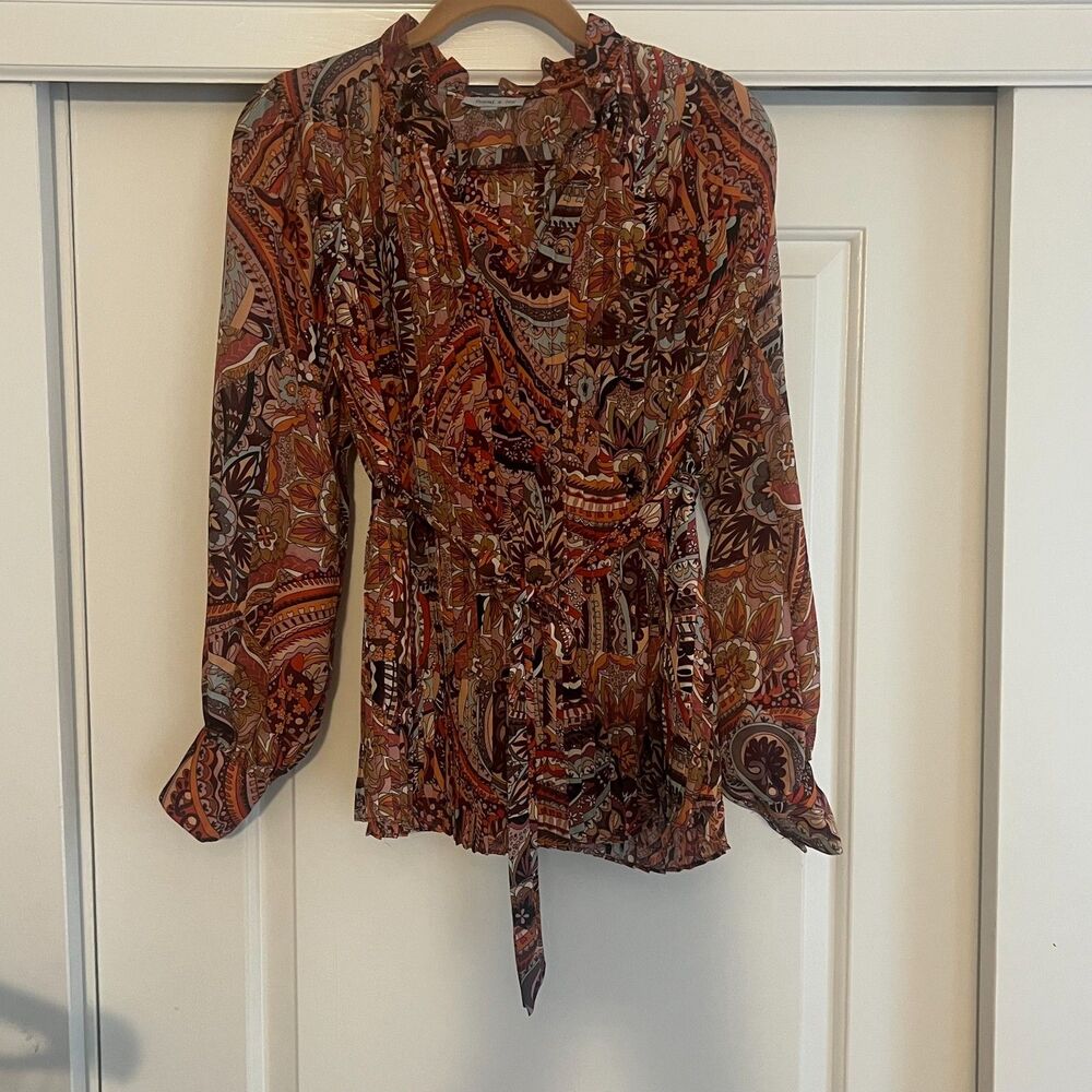 Floral & Ivy Pleated Belted Mixed Print Blouse drape flowy long sleeve Small - Picture 3 of 11